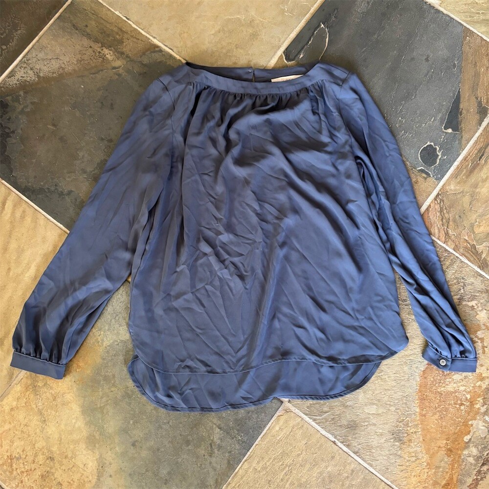 Ann Taylor LOFT Blouse Womens Size S Blue Long Sleeve Split Neck Hi-Low